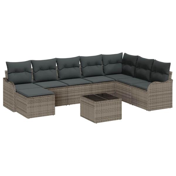 8-teiliges Garten Sofa Set mit Kissen in Schwarz Poly Rattan, 2-Sitzer Garten Sofa mit Kissen in Grau Poly Rattan