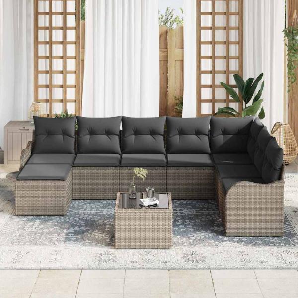 8-teiliges Garten Sofa Set mit Kissen in Schwarz Poly Rattan, 2-Sitzer Garten Sofa mit Kissen in Grau Poly Rattan