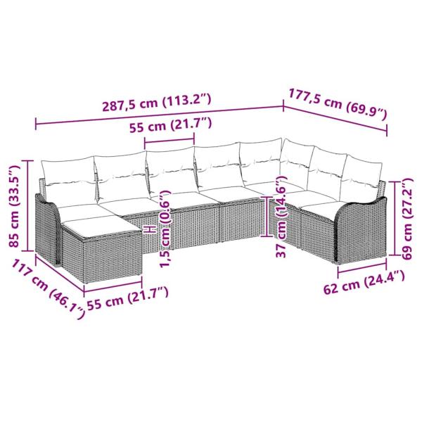8-teiliges Garten Sofa Set mit Kissen in Schwarz Poly Rattan, 2-Sitzer Garten Sofa mit Kissen in Grau Poly Rattan