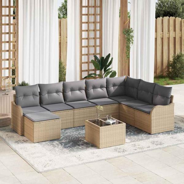 ARDEBO.de - 9-teiliges Garten Sofa Set mit Kissen Schwarz Poly Rattan, 2-Sitzer Garten Sofa mit Kissen Beige Poly Rattan