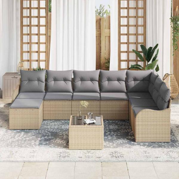9-teiliges Garten Sofa Set mit Kissen Schwarz Poly Rattan, 2-Sitzer Garten Sofa mit Kissen Beige Poly Rattan