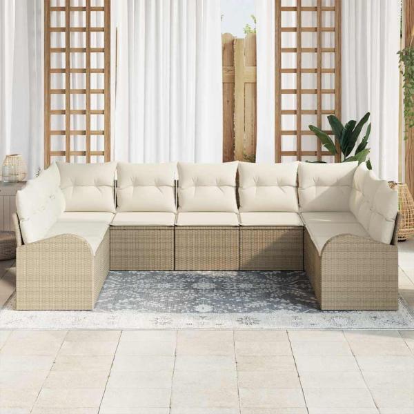 9-teiliges Garten Sofa Set mit Kissen Beige Poly Rattan