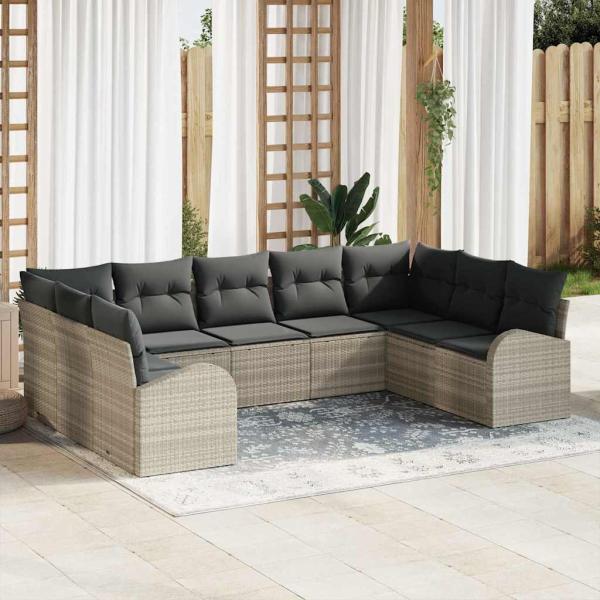 ARDEBO.de - 9-teiliges Garten Sofa Set mit Kissen Hellgrau Poly Rattan
