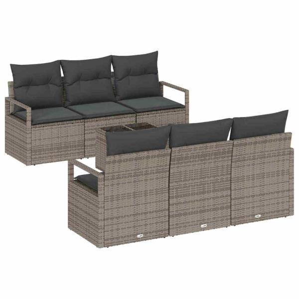 7-teiliges Garten-Sofa-Set mit Kissen Grau Poly-Rattan, 2-Sitzer Garten-Sofa mit Kissen Grau Poly-Rattan