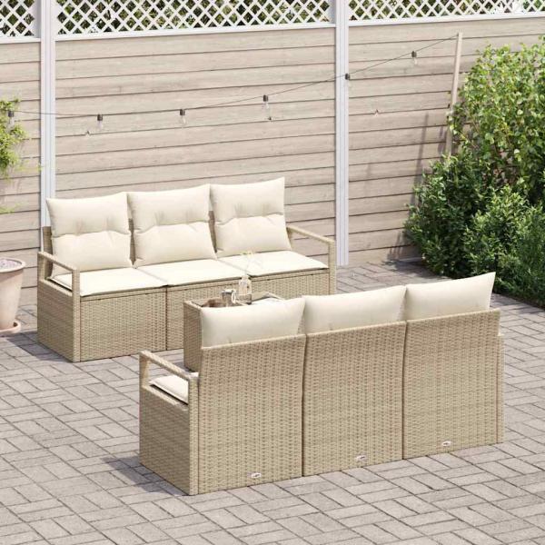 7-teiliges Garten Sofa Set mit Kissen Beige Poly Rattan, 2-Sitzer Garten Sofa mit Kissen Beige Poly Rattan