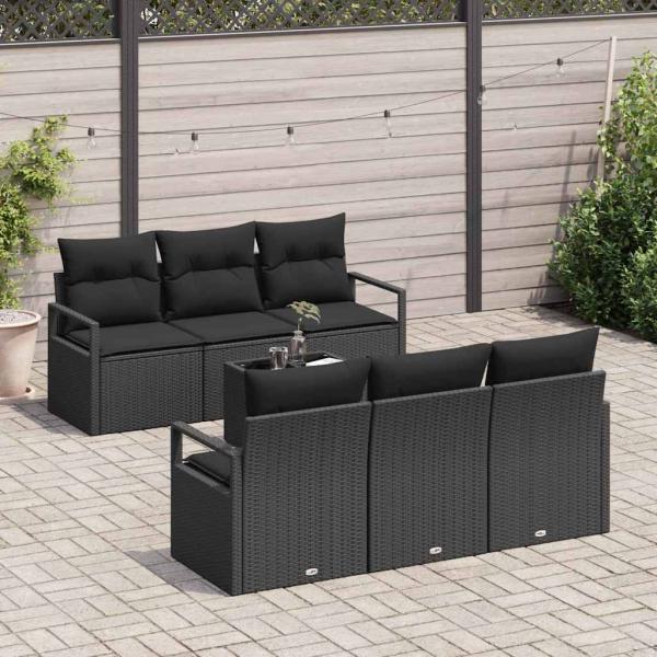7-teiliges Garten Sofa Set mit Kissen Schwarz Poly Rattan, 2-Sitzer Garten Sofa mit Kissen Schwarz Poly Rattan