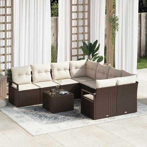 ARDEBO.de - 9-teiliges Garten-Sofa Set mit Kissen Braun Poly-Rattan, 2-Sitzer Garten-Sofa mit Kissen Braun Poly-Rattan