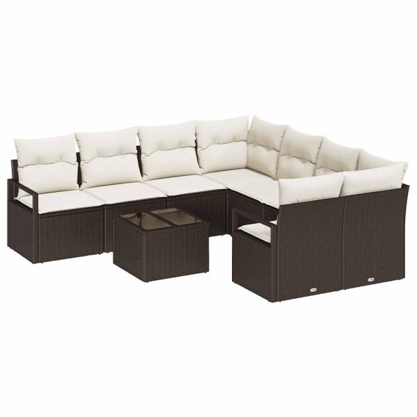 9-teiliges Garten-Sofa Set mit Kissen Braun Poly-Rattan, 2-Sitzer Garten-Sofa mit Kissen Braun Poly-Rattan