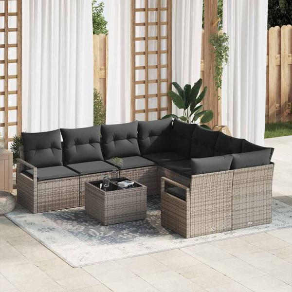 ARDEBO.de - 9-teiliges Garten Sofa Set mit Kissen Grau Poly Rattan, 2-Sitzer Garten Sofa mit Kissen Grau Poly Rattan