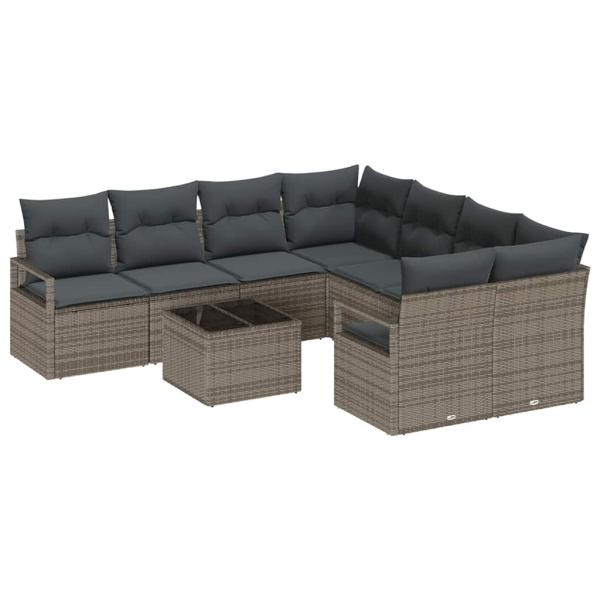 9-teiliges Garten Sofa Set mit Kissen Grau Poly Rattan, 2-Sitzer Garten Sofa mit Kissen Grau Poly Rattan