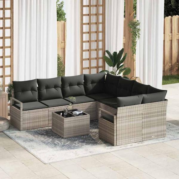 ARDEBO.de - 9-teiliges Garten-Sofa-Set mit Kissen Hellgrau Poly Rattan, 2-Sitzer Garten-Sofa mit Kissen Grau Poly Rattan