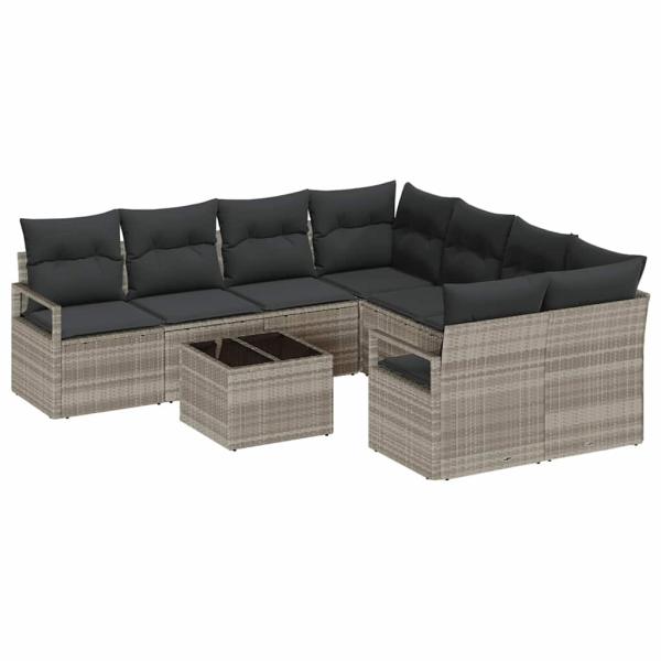 9-teiliges Garten-Sofa-Set mit Kissen Hellgrau Poly Rattan, 2-Sitzer Garten-Sofa mit Kissen Grau Poly Rattan