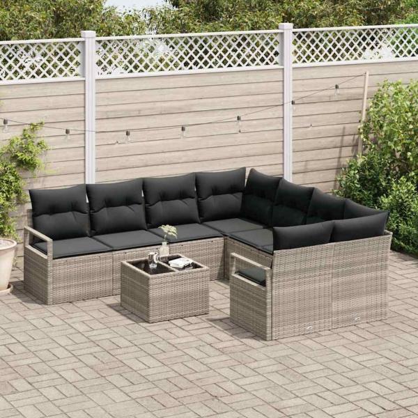 9-teiliges Garten-Sofa-Set mit Kissen Hellgrau Poly Rattan, 2-Sitzer Garten-Sofa mit Kissen Grau Poly Rattan