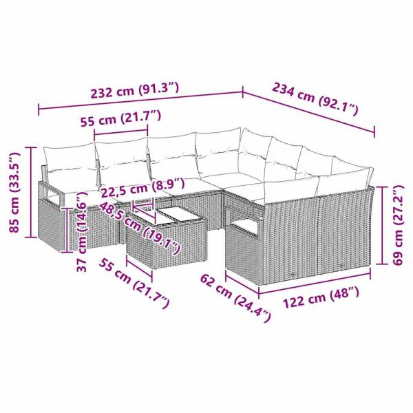 9-teiliges Garten-Sofa-Set mit Kissen Hellgrau Poly Rattan, 2-Sitzer Garten-Sofa mit Kissen Grau Poly Rattan