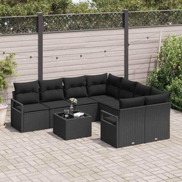 9-teiliges Garten-Sofa-Set mit Kissen Schwarz Poly Rattan, 2-Sitzer Garten-Sofa mit Kissen Schwarz Poly Rattan