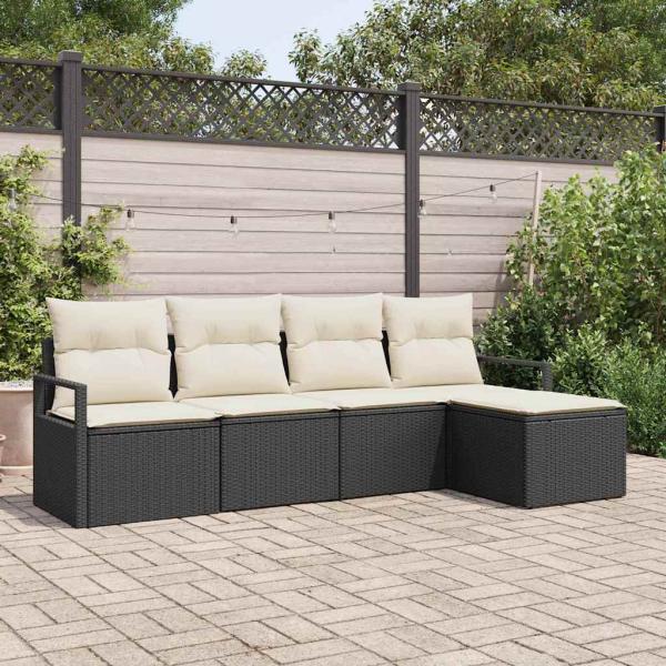 ARDEBO.de - 5-teiliges Garten Sofa Set mit Kissen Schwarz Poly Rattan, 2-Sitzer Garten Sofa mit Kissen Schwarz Poly Rattan