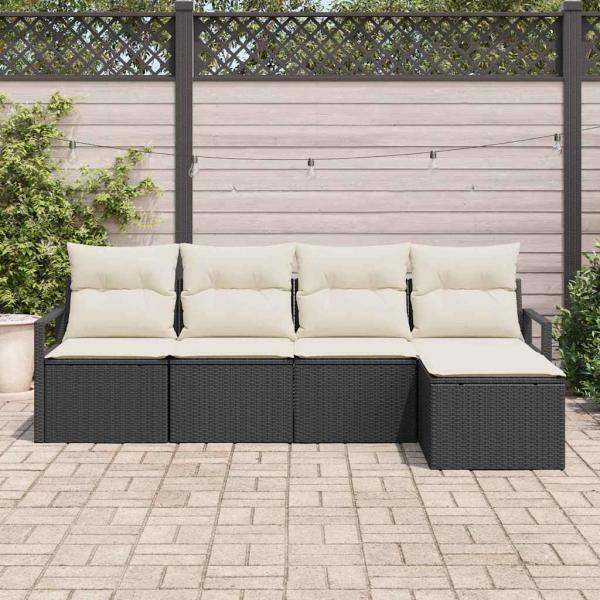 5-teiliges Garten Sofa Set mit Kissen Schwarz Poly Rattan, 2-Sitzer Garten Sofa mit Kissen Schwarz Poly Rattan