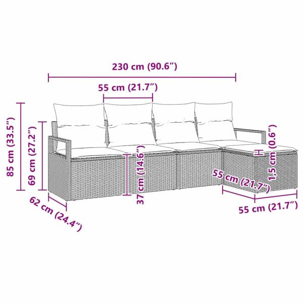 5-teiliges Garten Sofa Set mit Kissen in Grau Poly Rattan, 2-Sitzer Garten Sofa mit Kissen in Grau Poly Rattan