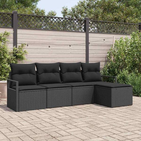 ARDEBO.de - 5-teiliges Garten Sofa Set mit Kissen Schwarz Poly Rattan, 2-Sitzer Garten Sofa mit Kissen Schwarz Poly Rattan