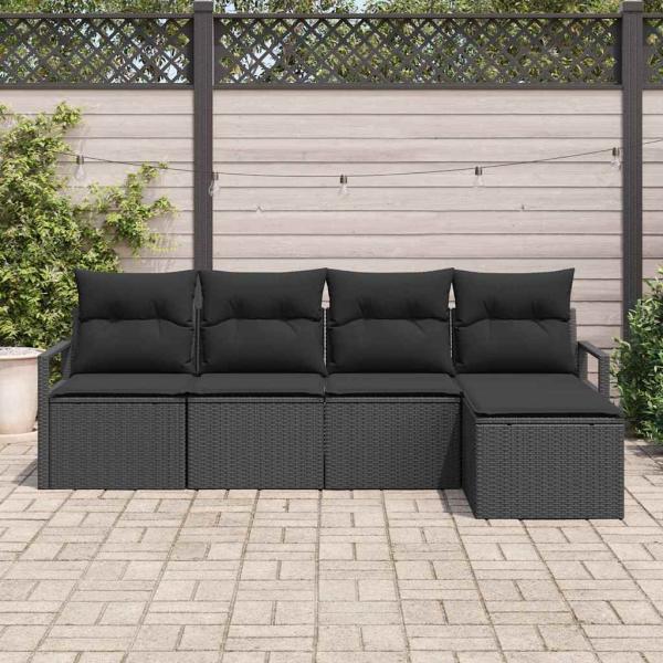 5-teiliges Garten Sofa Set mit Kissen Schwarz Poly Rattan, 2-Sitzer Garten Sofa mit Kissen Schwarz Poly Rattan