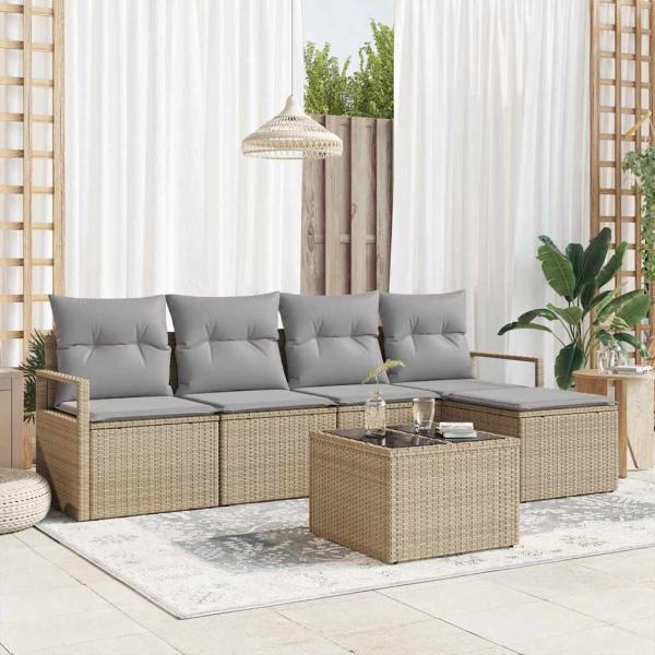 ARDEBO.de - 6-teiliges Garten Sofa Set mit Kissen Schwarz Poly Rattan, 2-Sitzer Garten Sofa mit Kissen Beige Poly Rattan