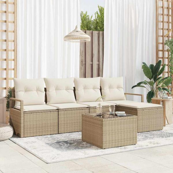 ARDEBO.de - 6-teiliges Garten-Sofa-Set mit Kissen, braunes Poly Rattan, 2-Sitzer Garten-Sofa mit Kissen, beige Poly Rattan
