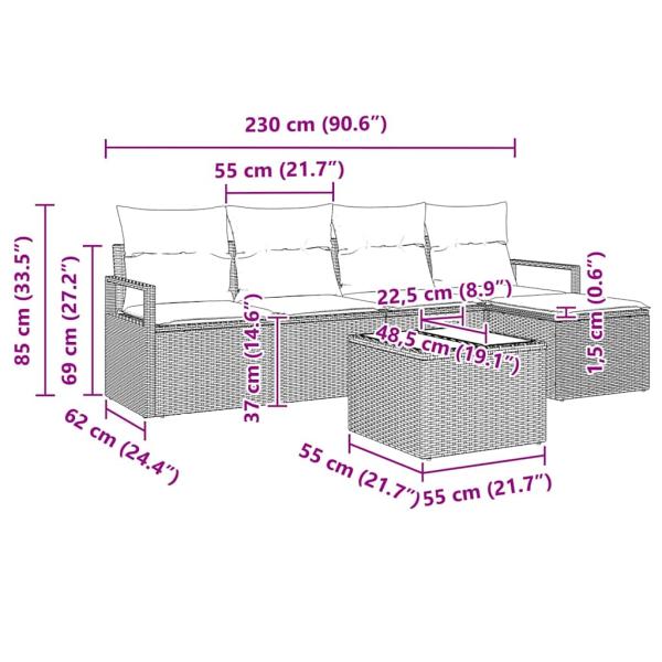 6-teiliges Garten-Sofa-Set mit Kissen Grau Poly-Rattan, 2-Sitzer Garten-Sofa mit Kissen Grau Poly-Rattan