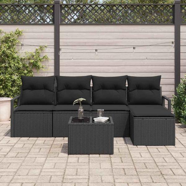 6-teiliges Garten Sofa Set mit Kissen Beige Poly Rattan, 2-Sitzer Garten Sofa mit Kissen Schwarz Poly Rattan