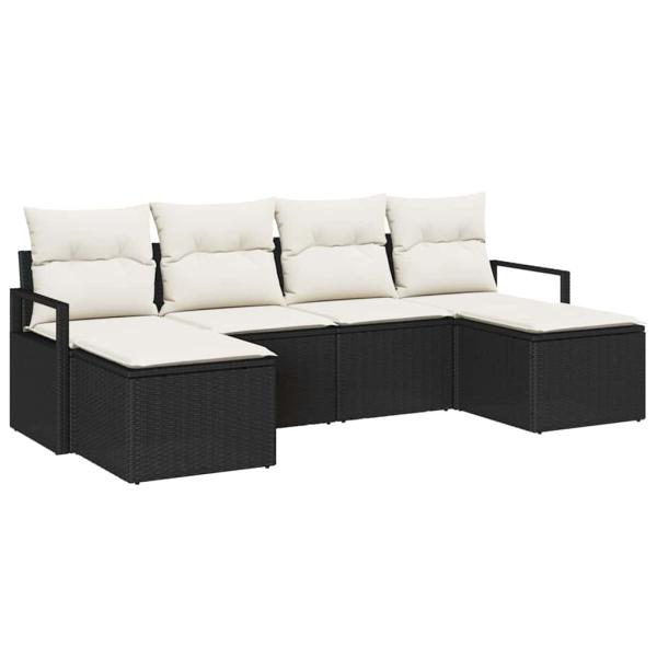 6-teiliges Garten-Sofaset mit Kissen Schwarz Poly-Rattan, 2-Sitzer Garten-Sofa mit Kissen Schwarz Poly-Rattan