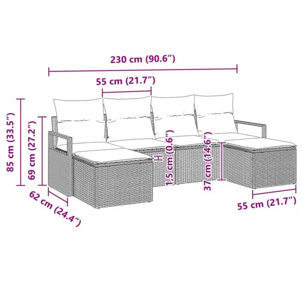 6-teiliges Garten-Sofaset mit Kissen Schwarz Poly-Rattan, 2-Sitzer Garten-Sofa mit Kissen Schwarz Poly-Rattan