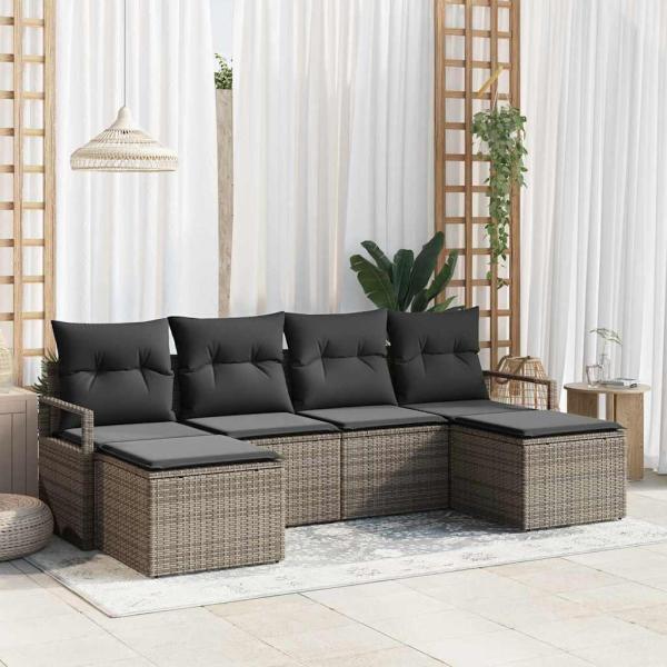 ARDEBO.de - 6-teiliges Garten Sofa Set mit Kissen Grau Poly Rattan, 2-Sitzer Garten Sofa mit Kissen Grau Poly Rattan