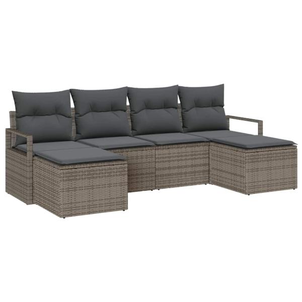 6-teiliges Garten Sofa Set mit Kissen Grau Poly Rattan, 2-Sitzer Garten Sofa mit Kissen Grau Poly Rattan
