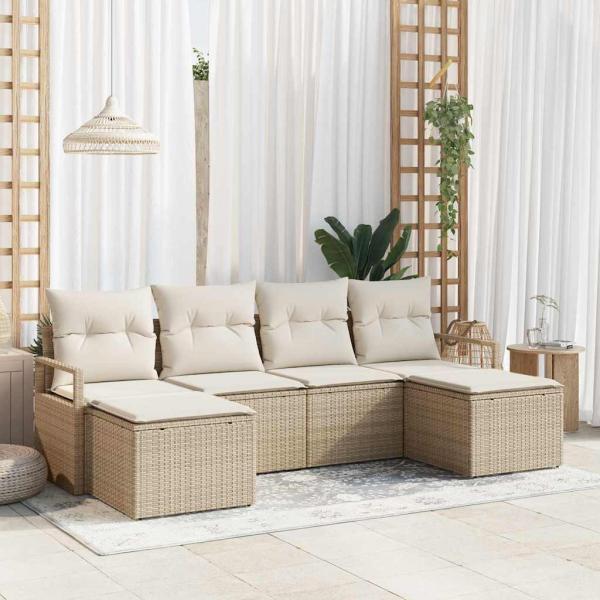 ARDEBO.de - 6-teiliges Garten Sofa Set mit Kissen Beige Poly Rattan, 2-Sitzer Garten Sofa mit Kissen Beige Poly Rattan