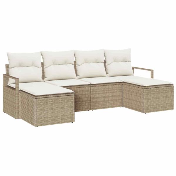 6-teiliges Garten Sofa Set mit Kissen Beige Poly Rattan, 2-Sitzer Garten Sofa mit Kissen Beige Poly Rattan