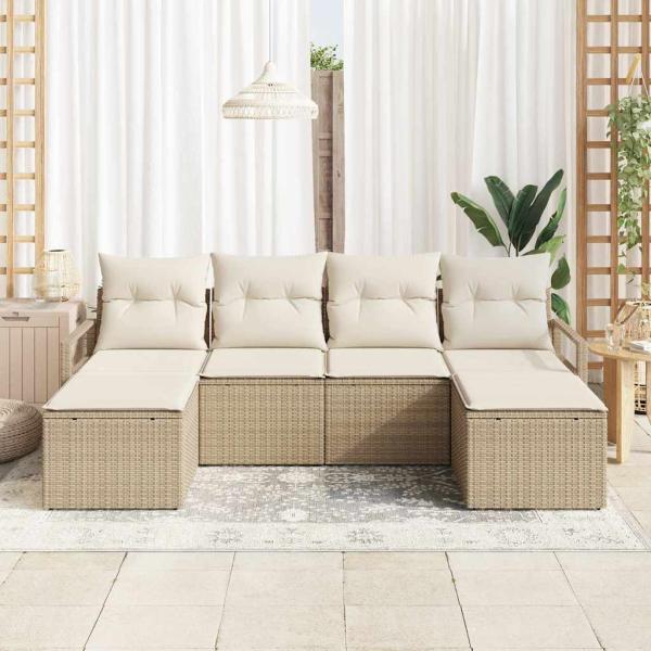 6-teiliges Garten Sofa Set mit Kissen Beige Poly Rattan, 2-Sitzer Garten Sofa mit Kissen Beige Poly Rattan