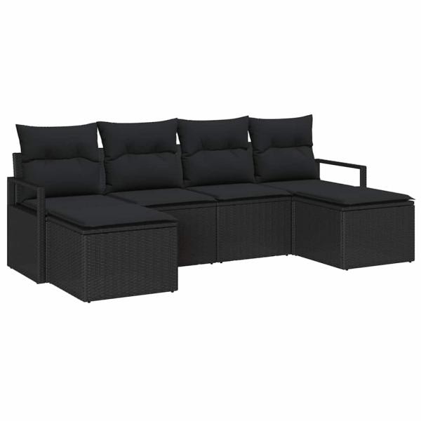 6-teiliges Garten Sofa Set mit Kissen Schwarz Poly Rattan, 2-Sitzer Garten Sofa mit Kissen Schwarz Poly Rattan