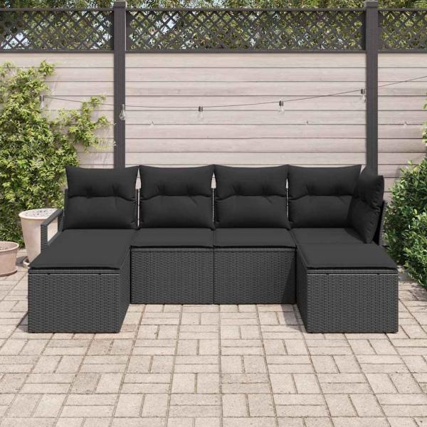 6-teiliges Garten Sofa Set mit Kissen Schwarz Poly Rattan, 2-Sitzer Garten Sofa mit Kissen Schwarz Poly Rattan