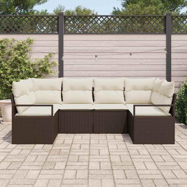 6-teiliges Garten Sofa Set mit Kissen Braun Poly Rattan, 2-Sitzer Garten Sofa mit Kissen Braun Poly Rattan