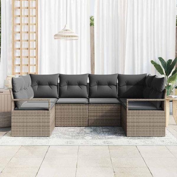 6-teiliges Garten Sofa Set mit Kissen Grau Poly Rattan, 2-Sitzer Garten Sofa mit Kissen Grau Poly Rattan