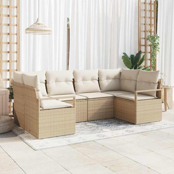 ARDEBO.de - 6-teiliges Garten-Sofa-Set mit Kissen Beige Poly Rattan, 2-Sitzer Garten-Sofa mit Kissen Beige Poly Rattan