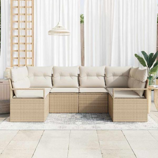 6-teiliges Garten-Sofa-Set mit Kissen Beige Poly Rattan, 2-Sitzer Garten-Sofa mit Kissen Beige Poly Rattan