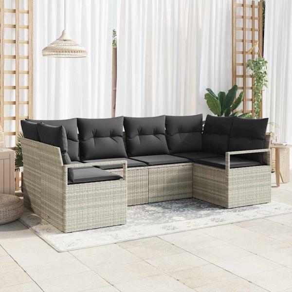 ARDEBO.de - 6-teiliges Garten Sofa Set mit Kissen Hellgrau Poly Rattan, 2-Sitzer Garten Sofa mit Kissen Grau Poly Rattan