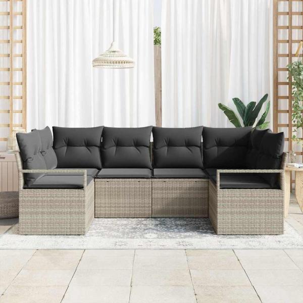 6-teiliges Garten Sofa Set mit Kissen Hellgrau Poly Rattan, 2-Sitzer Garten Sofa mit Kissen Grau Poly Rattan