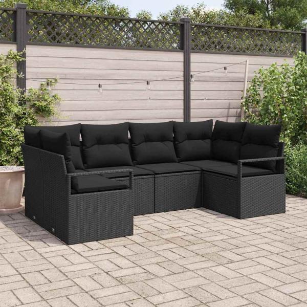 ARDEBO.de - 6-teiliges Garten Sofa Set mit Kissen Schwarz Poly Rattan, 2-Sitzer Garten Sofa mit Kissen Schwarz Poly Rattan