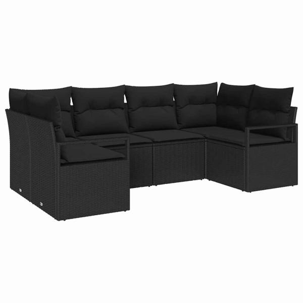 6-teiliges Garten Sofa Set mit Kissen Schwarz Poly Rattan, 2-Sitzer Garten Sofa mit Kissen Schwarz Poly Rattan