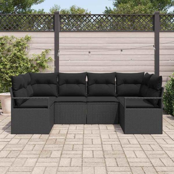 6-teiliges Garten Sofa Set mit Kissen Schwarz Poly Rattan, 2-Sitzer Garten Sofa mit Kissen Schwarz Poly Rattan