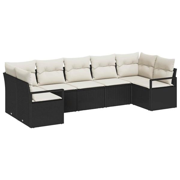 7-teiliges Garten Sofa Set mit Kissen Schwarz Poly-Rattan, 2-Sitzer Garten Sofa mit Kissen Schwarz Poly-Rattan