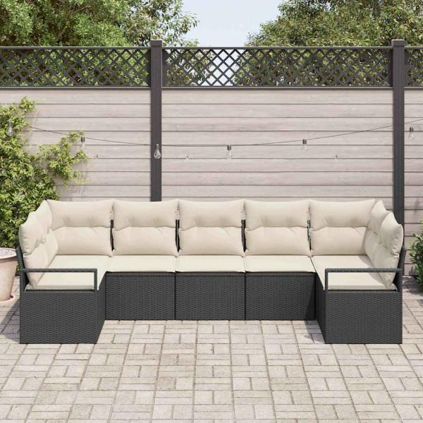 7-teiliges Garten Sofa Set mit Kissen Schwarz Poly-Rattan, 2-Sitzer Garten Sofa mit Kissen Schwarz Poly-Rattan