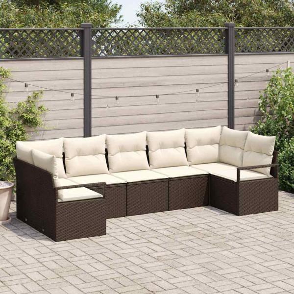 ARDEBO.de - 7-teiliges Garten-Sofa-Set mit Kissen in Braun Polyrattan, 2-Sitzer Garten-Sofa mit Kissen in Braun Polyrattan