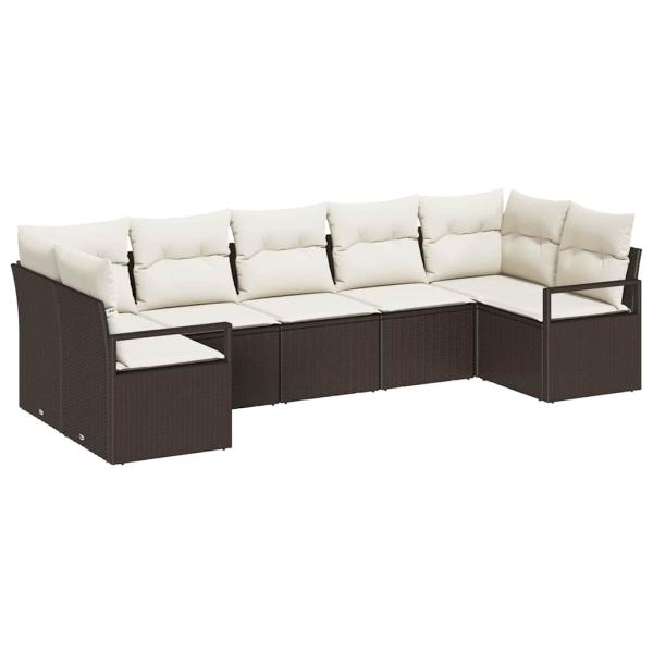 7-teiliges Garten-Sofa-Set mit Kissen in Braun Polyrattan, 2-Sitzer Garten-Sofa mit Kissen in Braun Polyrattan